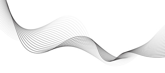 Abstract vector background with black wavy lines flowing smooth curve halftone gradient on transparent background. 
