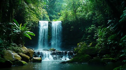 Tropical rainforest with cascading waterfalls, vibrant wildlife, and lush vegetation