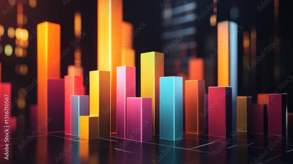 Poster colorful d bar chart with varying heights on a sleek surface, illuminated by soft lighting, creating