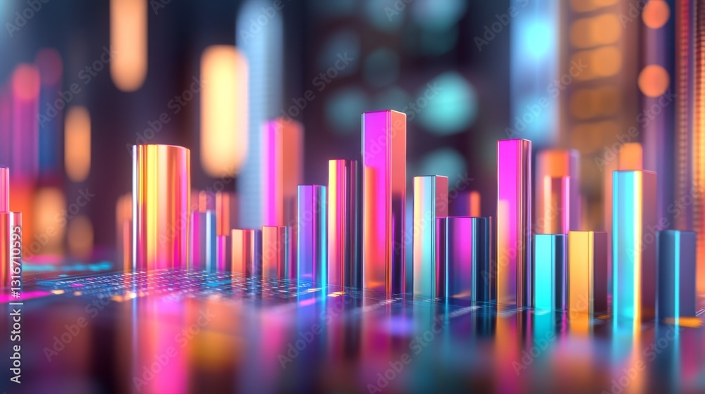 Poster colorful d bar chart with varying heights on a sleek surface, illuminated by soft lighting, creating