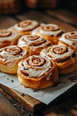 Freshly Baked Cinnamon Rolls on Wooden Tray With Creamy Icing