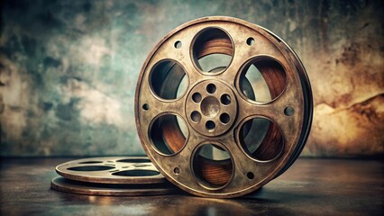 Fototapeta premium vintage film reel wrapped around a metallic core, dusty relics, muted colors