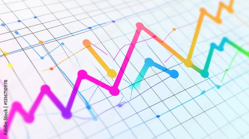Poster dynamic line chart with rising and falling lines in vivid colors, set on a white background with gri