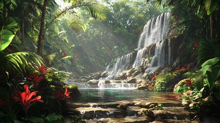 Fototapeta premium Lush Tropical Waterfall in a Sunlit Jungle