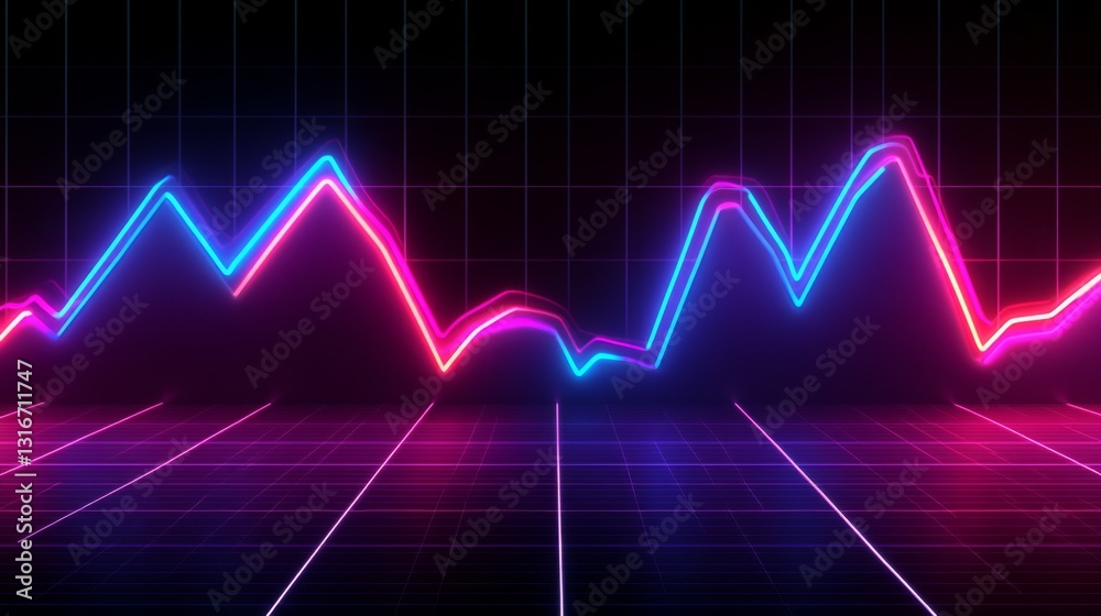 Poster line graph with peaks and troughs, showing fluctuating data, on a dark grid with glowing neon lines 