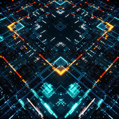 Futuristic digital circuit board with glowing blue and orange lights. Symmetrical, high-tech design evokes an advanced AI or data network. Ideal for technology themes