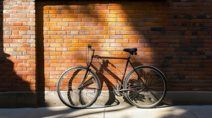 Shadow of a bicycle leaning against a brick wall, with natural light creating a cozy and inviting atmosphere in an urban setting.