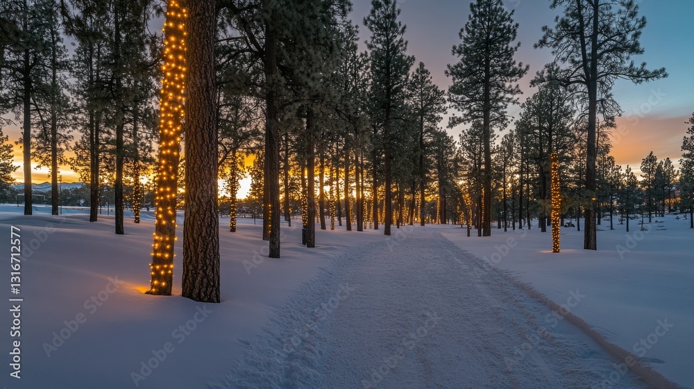 Poster snowy park with tall pine trees covered in lights, creating a serene, magical winter wonderland unde