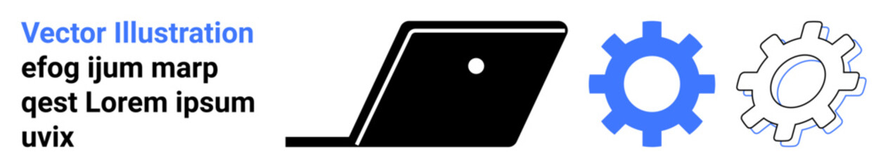 Laptop silhouette paired with two gear icons, symbolizing technology, productivity, and system management. Ideal for business solutions, IT services, workflow, innovation, and abstract line flat