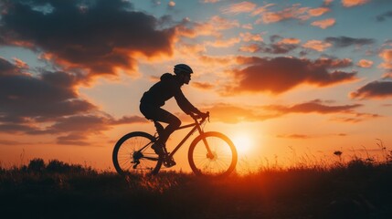 Fototapeta premium Silhouette of a cyclist riding a bike against a vibrant sunset, with long shadows stretching across the ground, capturing the essence of freedom and adventure.