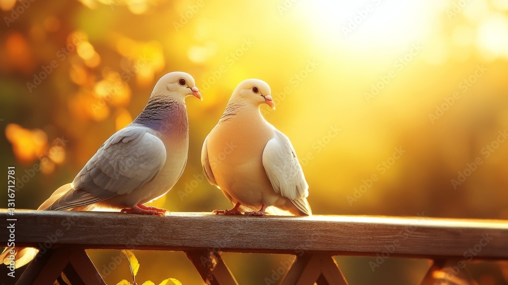 Poster two doves perched on a wooden railing with a sunset backdrop, wings slightly raised, creating a warm