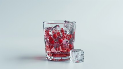 A glass of red fruit punch with a few ice cubes, set neatly on a simple white background.