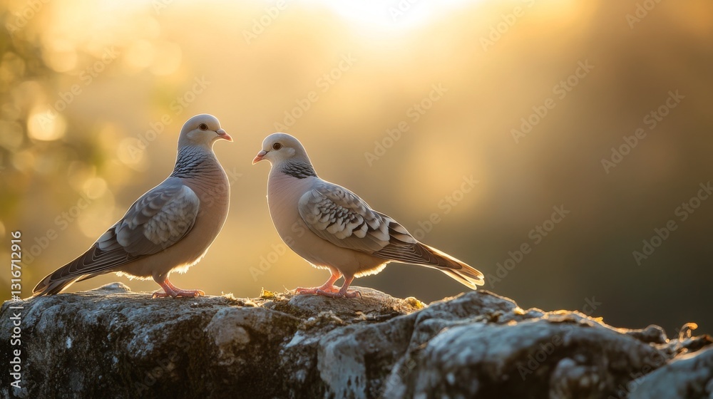 Poster two doves standing on a rustic stone ledge with soft morning light, feathers fluffed, creating a pea