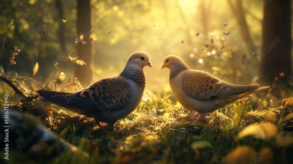 Poster two doves standing near each other in a forest clearing, gentle sunlight illuminating their feathers