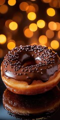 Chocolate Glazed Donut with Sprinkles on Dark Surface with Bokeh Background