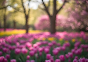 Blurred Tulip Field in Spring Garden with Pink Blossoms and Trees