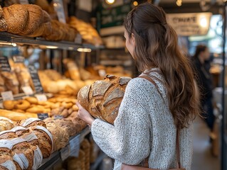 Woman selecting artisan bread at bakery.
