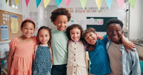 Face, education and diversity with students in classroom for future, hug and youth. Learning, academy and knowledge with group of kids at school for child development, friends and happiness together