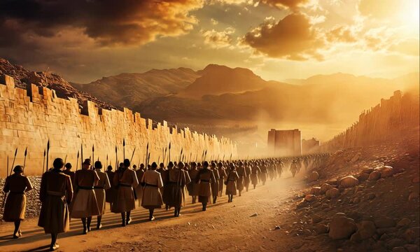 Old Testament Scene of Jericho Surrounded by the Army of Israel. Religious History Depicted in Artistic Style