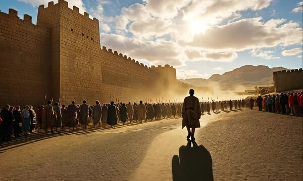 Biblical Scene of Israelites Marching Around Jericho Walls. Bible and Historical Illustration Concept