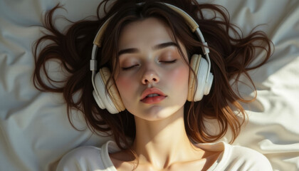portrait of young beautiful brunette woman in big headphones listening to music lying on bed