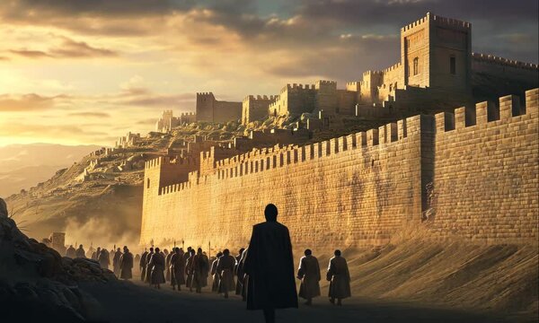 The Israelite Army Marching Around the Walls of Jericho. Old Testament Bible Story. Historical Illustration Concept