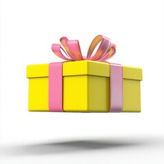 Obraz premium Bright yellow gift box elegantly adorned with a pink ribbon sitting on a table ready for special occasion unwrapping