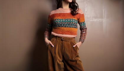 "Vintage Fashion Woman in Patterned Sweater and High-Waisted Corduroy Pants"