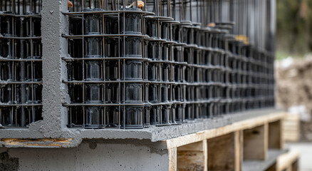 A close-up view of the exterior wall formwork showcasing an intricate arrangement of reinforcement bars and concrete foundation work