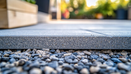 Close-up of the lower part of a garden paver showcasing its surface texture against small gravel, with greenery in the background
