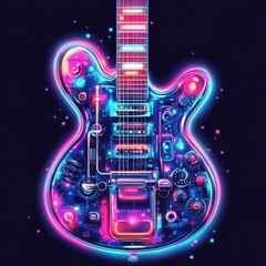 A vibrant stylized neon electric guitar glows against the darkness