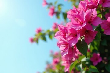 Obraz premium Colorful Bougainvillea blooms with green leaves against light blue sky, pink flowers, garden, clusters