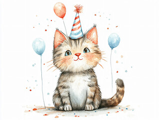 Cute birthday cat watercolor illustration festive feline party hat cake balloons whimsical character art joyful celebration artistic digital painting soft pastel nursery decor story book kid pet fun