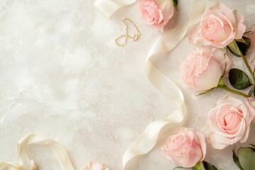 Fototapeta premium Elegant floral arrangement with jewelry on marble surface romantic setting photography soft lighting beauty concept