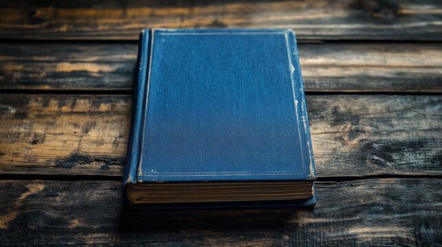 A solitary blue book lies on a worn wooden surface, its edges distressed from time. The dim evening light casts a warm glow, highlighting the book's textured cover and suggesting untold tales