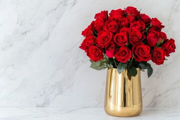 Elegant red roses in a gold vase floral arrangement home decor indoor setting close-up beauty of nature