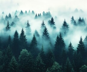 Fototapeta premium Misty morning in a pine forest captures tranquil beauty