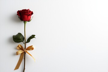 Fototapeta premium Elegant red rose with golden ribbon minimalist background floral photography indoor setting close-up love symbolism