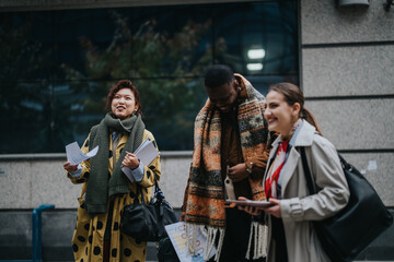 A diverse group of people collaborate and share ideas for a project in an urban outdoor setting, fostering innovation and teamwork while enjoying casual interactions.