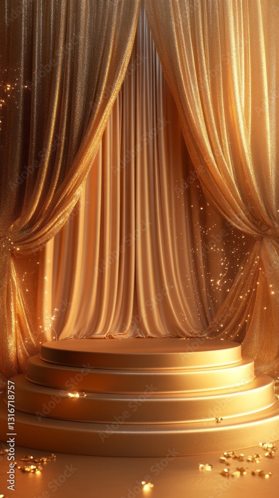 Poster a luxurious stage adorned with golden curtains flows gracefully, creating an inviting atmosphere for