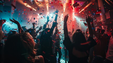"Dynamic Nightclub Celebration with Confetti and Dancing"