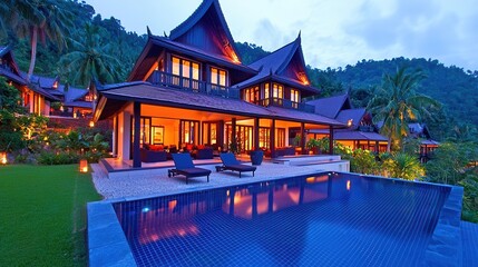 Obraz premium Luxurious Tropical Villa with Pool and Lush Landscape Under Evening Sky