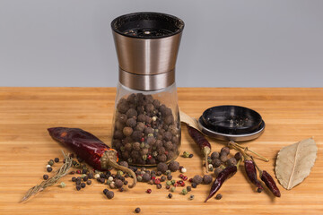 Handmade spice mill with peppers mixture among the dried spices
