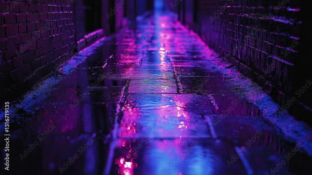 Poster colors dance on wet pavement in a narrow alley as neon lights cast a mesmerizing glow. rain adds dep