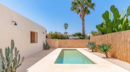 Fototapeta premium Modern Minimalist Outdoor Pool Surrounded by Lush Desert Plants and Palm Trees