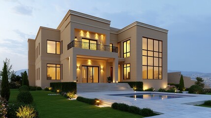 Fototapeta premium Modern Luxury House with Large Windows and Outdoor Swimming Pool at Dusk
