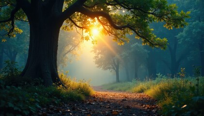 Ethereal light forms a glowing aura around trees, foliage, tree
