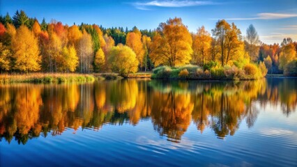 Obraz premium Serene Autumn Landscape with Reflecting Lake, ripples, trees, ripples, trees, blue sky, peaceful, scenery,autumn
