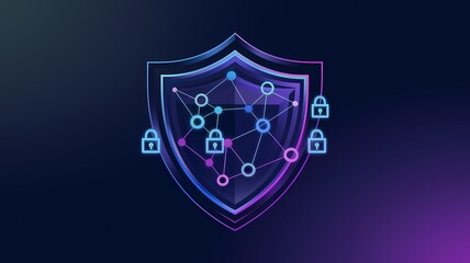2D geometric shield with interconnected nodes and glowing lock icons in neon blue and purple
