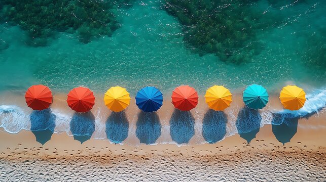 Colorful umbrellas on beach aerial view high resolution hd image